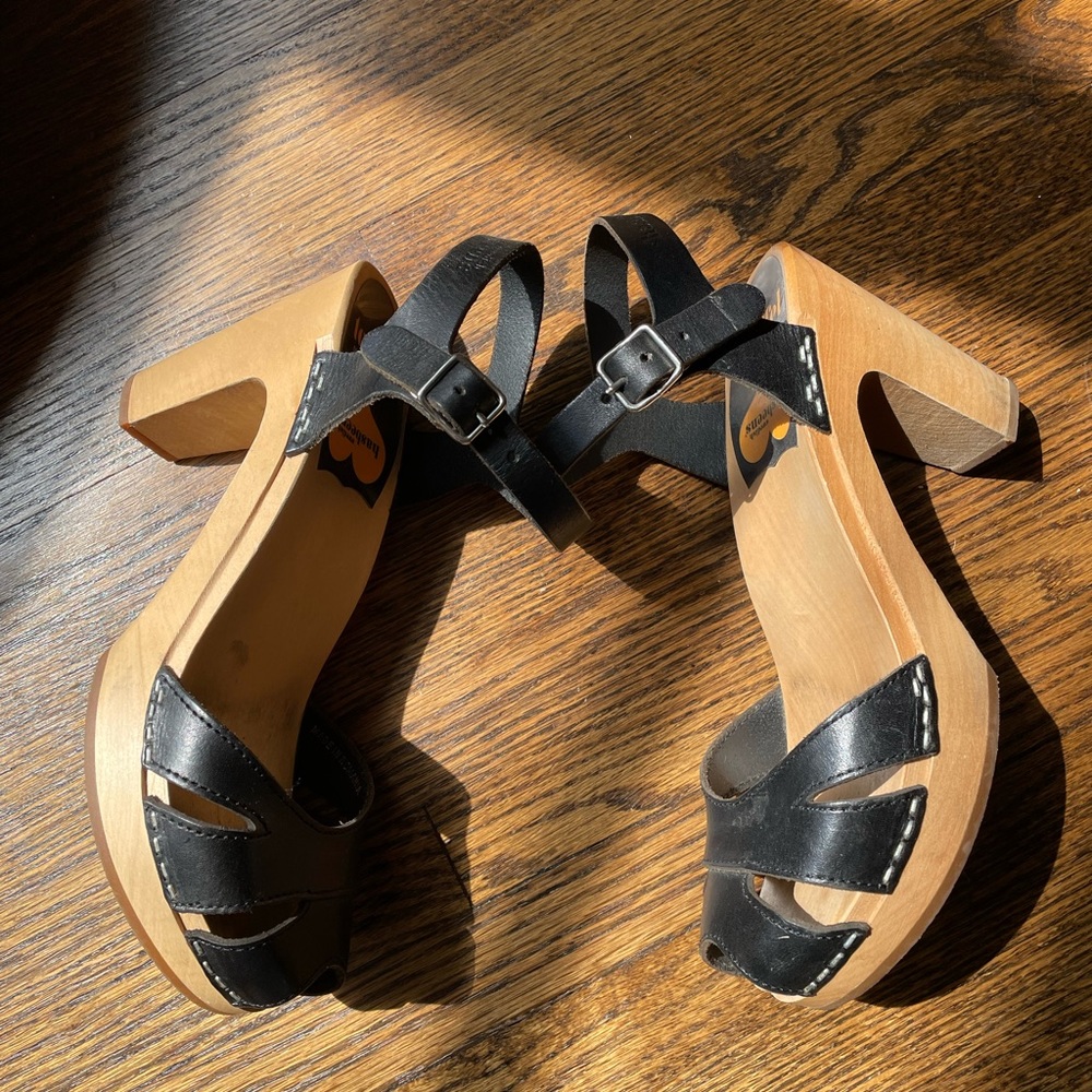 Swedish Hasbeens Black wood heels